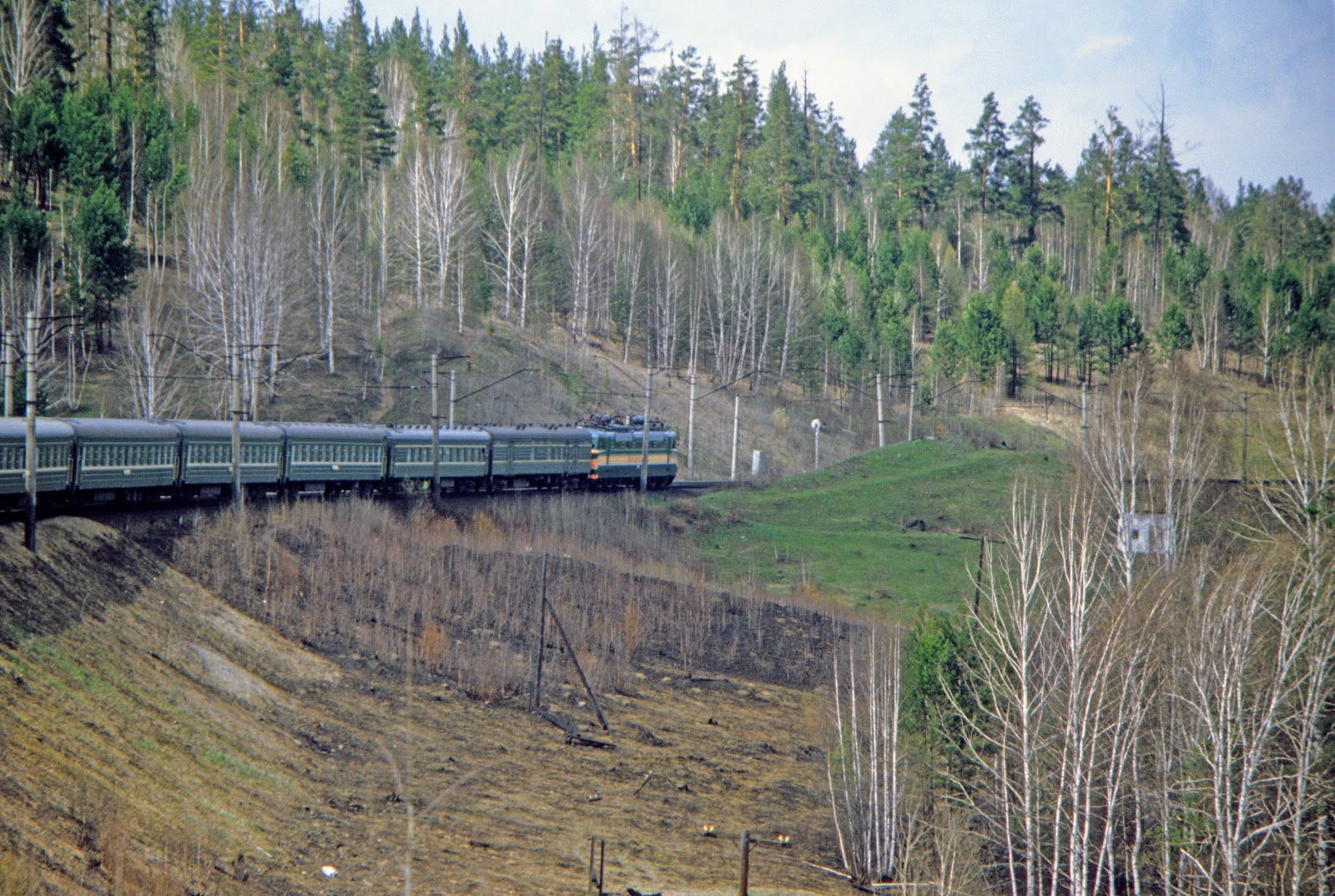 Zug fährt durch weite Taiga-Landschaft in Sibirien