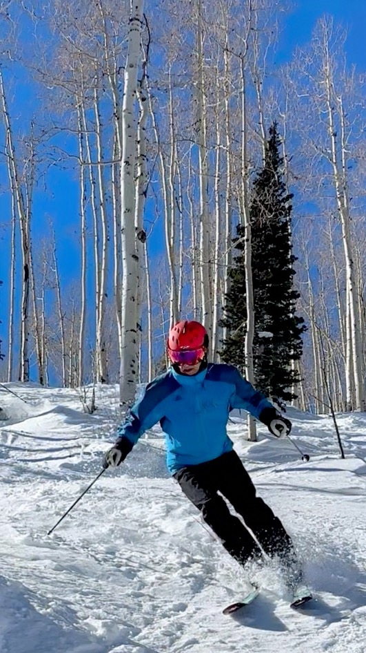 Skifahrer fährt zwischen weissen Espenstämmen durch lockeren Schnee