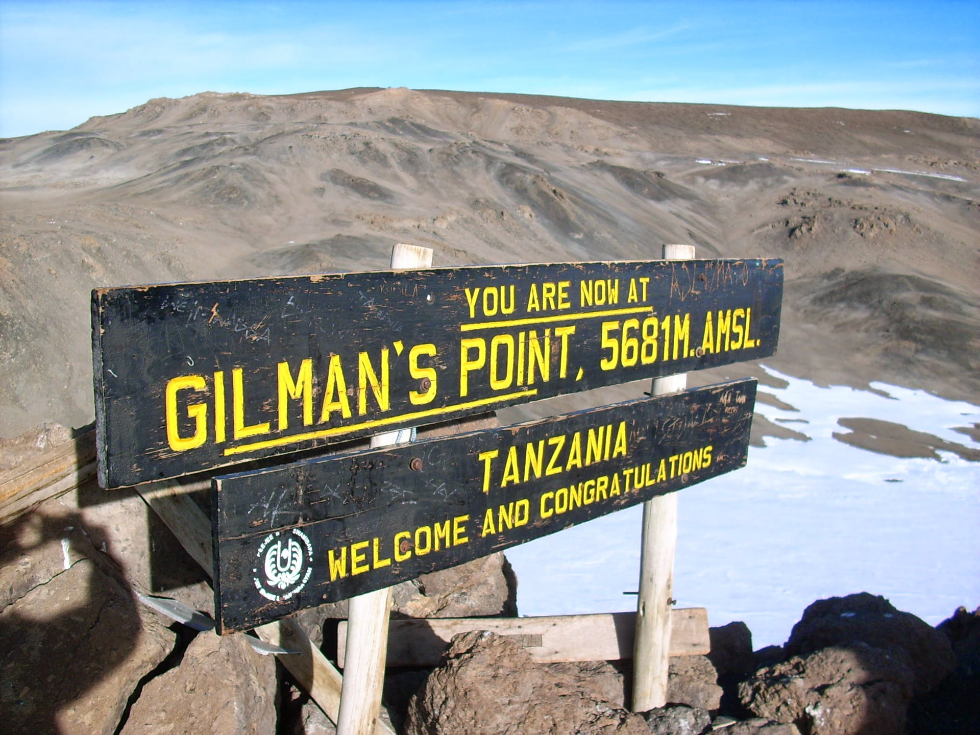 Holzschild am Gilman's Point auf 5681 Metern über Meer