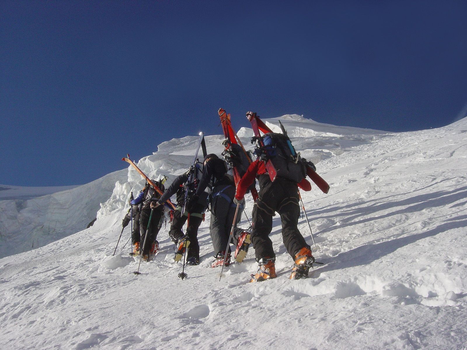 Skitourengruppe steigt mit Ski am Rucksack den steilen Gletscherhang zum Dôme des Ecrins hinauf