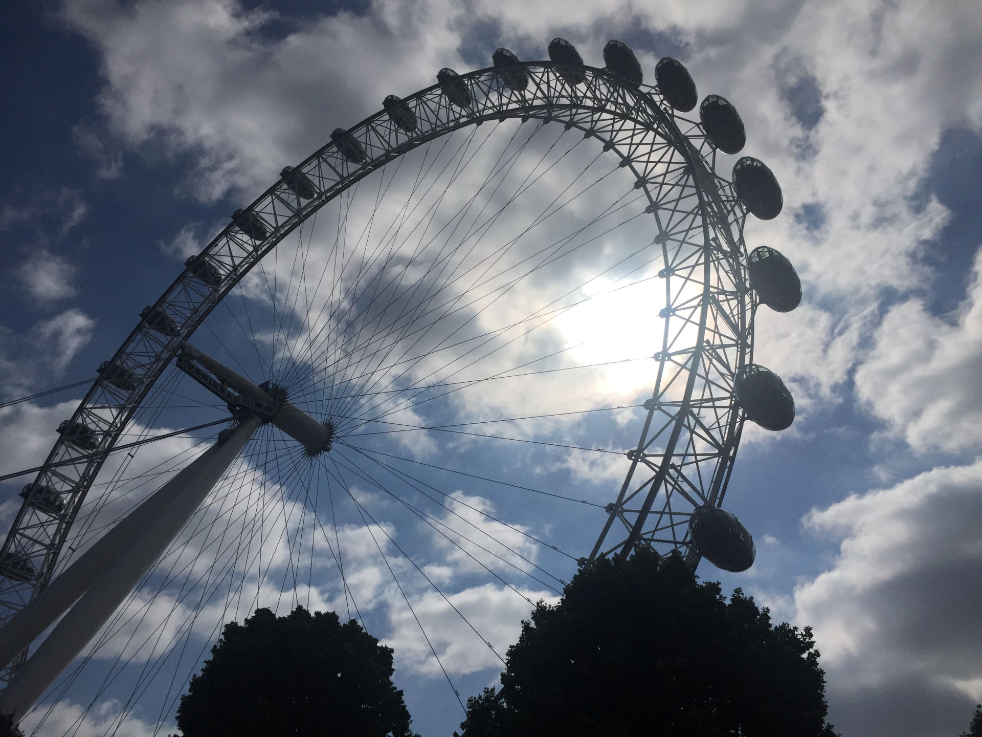 Das London Eye im Gegenlicht vor bewölktem Himmel