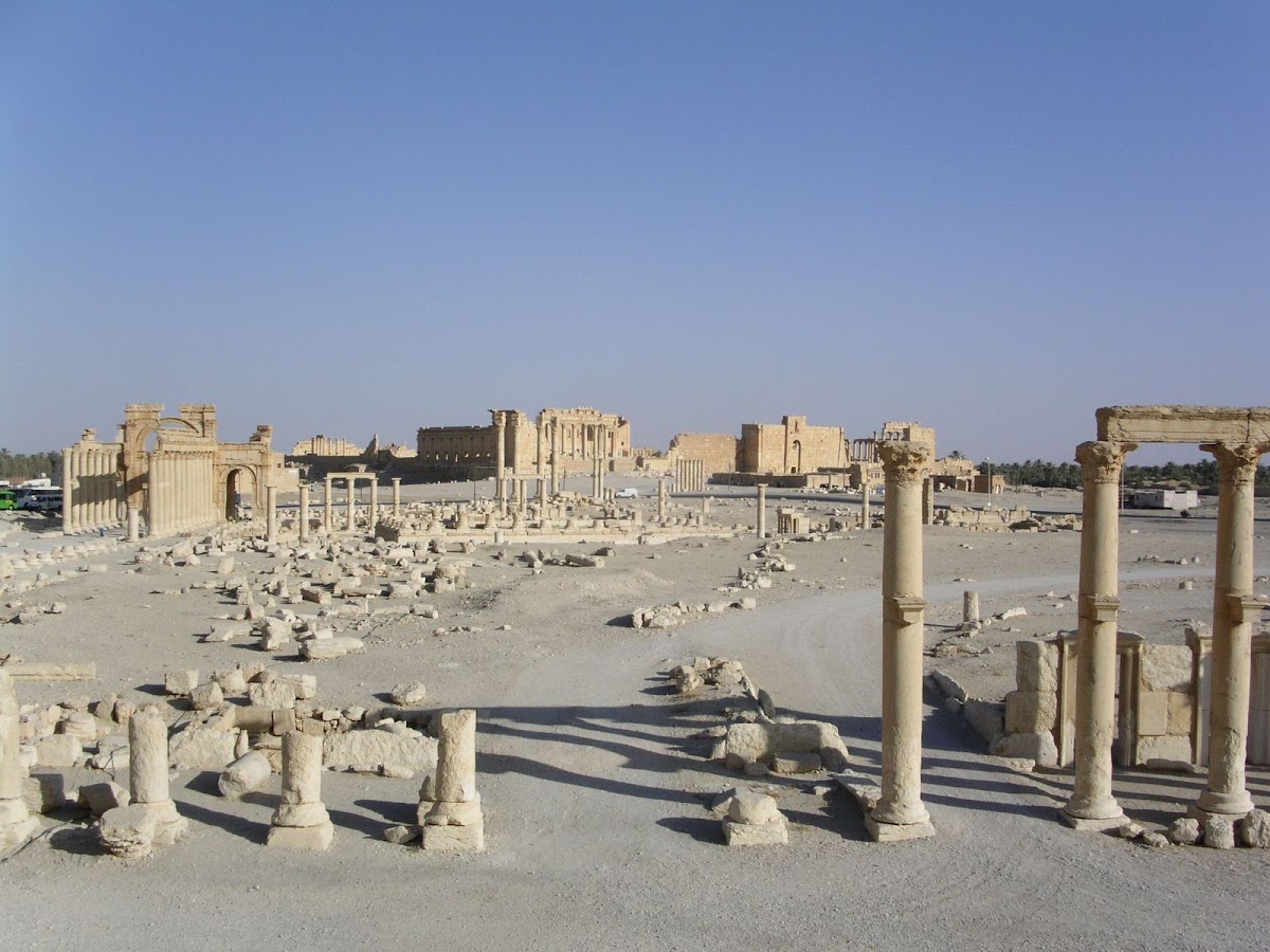 Weites Ruinenfeld von Palmyra mit Säulenreihen in der Wüste